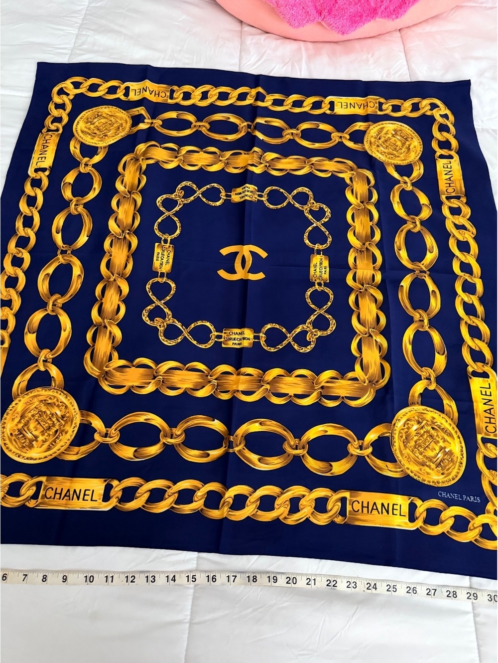 Chanel Paris Navy Blue and Gold Chain Print Silk Scarf